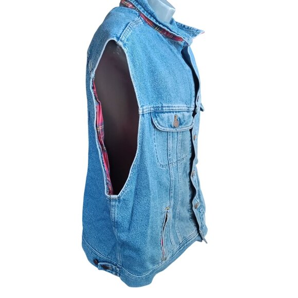 Vintage XXL Men's Denim Vest Lee Red Plaid Flannel Lined 1990's USA - Picture 3 of 8